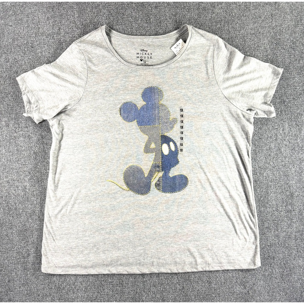 Disney Mickey Mouse Mens 1X T-Shirt Gray Short Sleeve Denim Print Graphic NEW